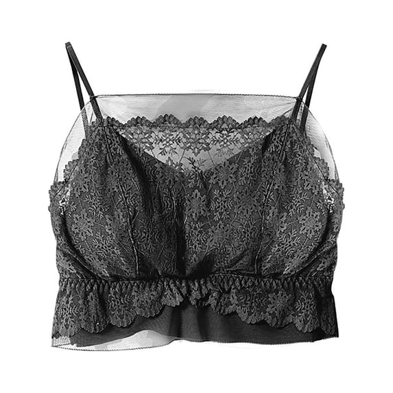 MOJOGO Women's Lace Undershirts Mesh Patchwork Tank Tops Built-in Bra Crop Top with Ruffled Hem Black Free Size