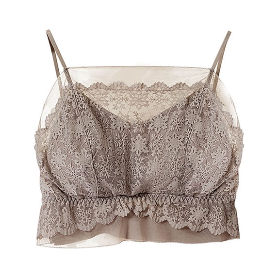 MOJOGO Women's Lace Undershirts Mesh Patchwork Tank Tops Built-in Bra Crop Top with Ruffled Hem Gray Free Size