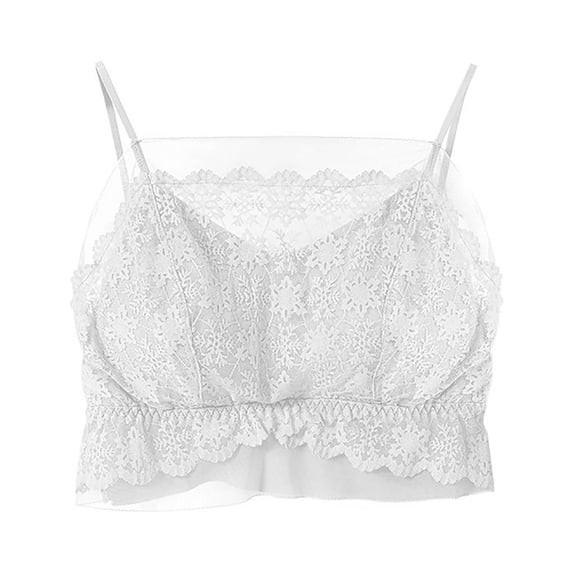 MOJOGO Women's Lace Undershirts Mesh Patchwork Tank Tops Built-in Bra Crop Top with Ruffled Hem White Free Size