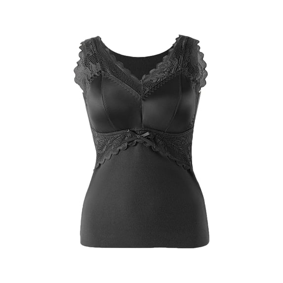 MOJOGO Women's Lace Undershrts Built-in Bra Cami Tops V-Neck Sleeveless Tank Top for Spring Fall Black XL