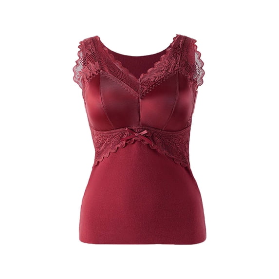 MOJOGO Women's Lace Undershrts Built-in Bra Cami Tops V-Neck Sleeveless Tank Top for Spring Fall Red XL
