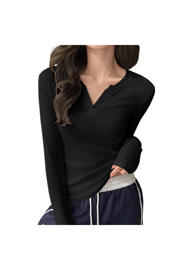 MOJOGO Women's Lightweight Pullover Top Casual Long Sleeved V Neck Shirts Trendy Comfy Base Layer for Homewear or Outdoor Activity Black M