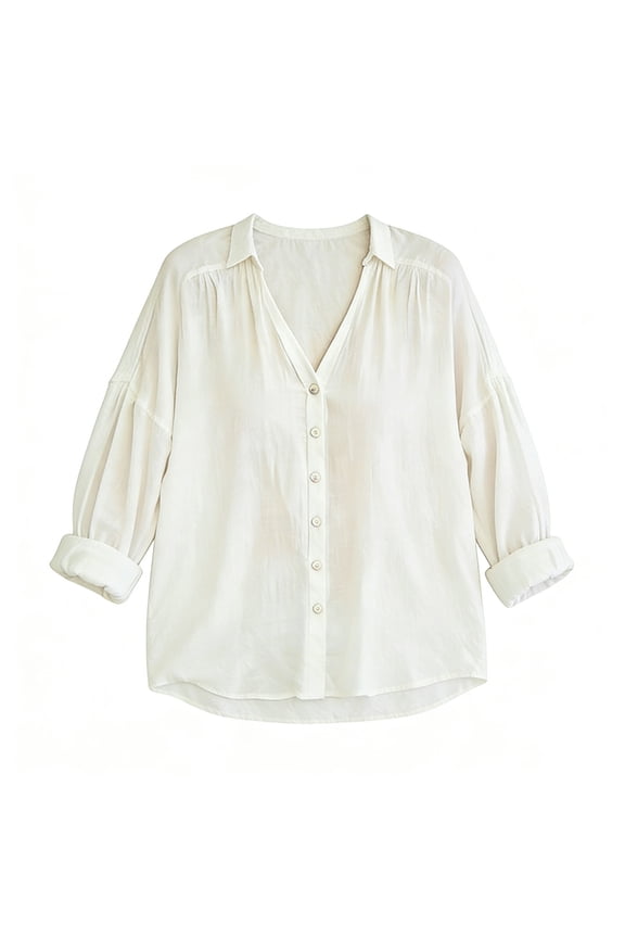 MOJOGO Women's Linen Blend Long Sleeve Shirt Lightweight V-Neck Blouse with Rolled Cuffs Casual Beach Cover Up & Layering Top L