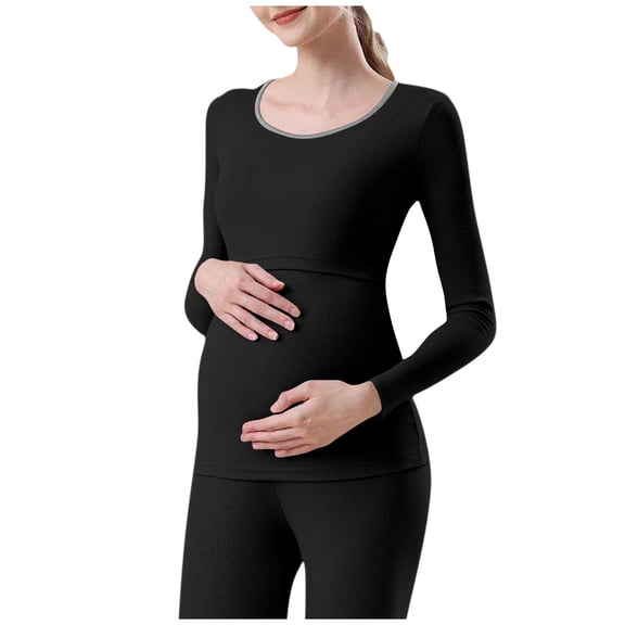 MOJOGO Women's Maternity Base Layer Solid Crewneck Long Sleeve Pullover Top Comfy Cotton Underwear for Spring Fall Winter Black L