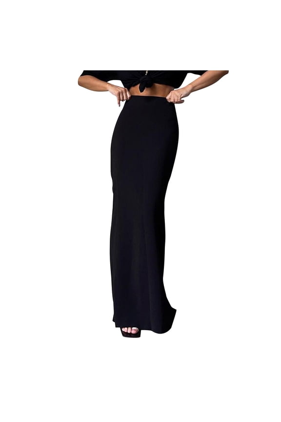MOJOGO Women's Maxi Skirt Solid High Waist Bodycon Skorts Elegant Black Skirts Pencil Dress for Office Party Cocktail Black S