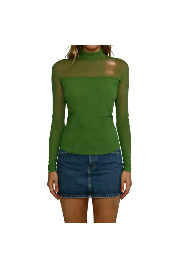 MOJOGO Women's Mesh Patchwork Tops Ruffled Mock Neck Long Sleeve Shirt Lightweight Party Office Oufits Green XL
