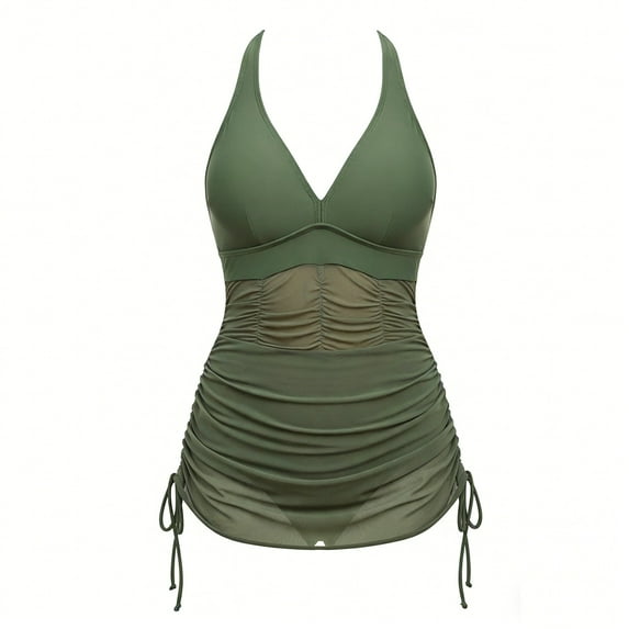 MOJOGO Women's Mesh Swimwear Wraps Swim Dress Side Drawstring One Piece Swimsuits Beach Pool Resort Swimsuit for Summer Vocation Olive Green L