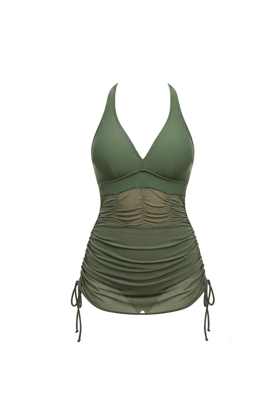 MOJOGO Women's Mesh Swimwear Wraps Swim Dress Side Drawstring One Piece Swimsuits Beach Pool Resort Swimsuit for Summer Vocation Olive Green S