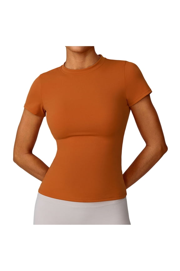 MOJOGO Women's Mock Neck Tops Casual Short Sleeve Shirts Basic Pullover Tops Sliming Tees for Spring Summer Orange S