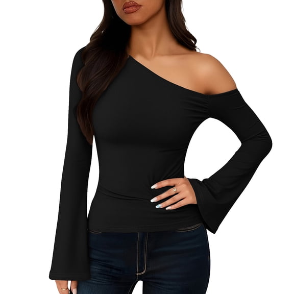 MOJOGO Women's Off Shoulder Tops Casual Long Bell Sleeve T-Shirts Spring Fall Fashion Outfits Going Out Blouse Black S