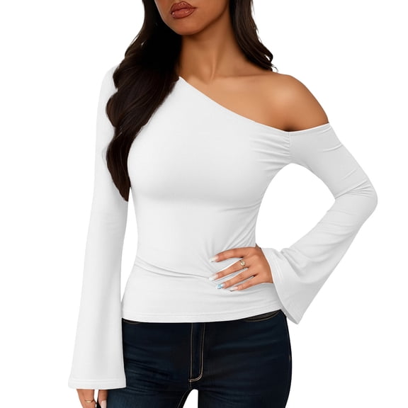 MOJOGO Women's Off Shoulder Tops Casual Long Bell Sleeve T-Shirts Spring Fall Fashion Outfits Going Out Blouse White S