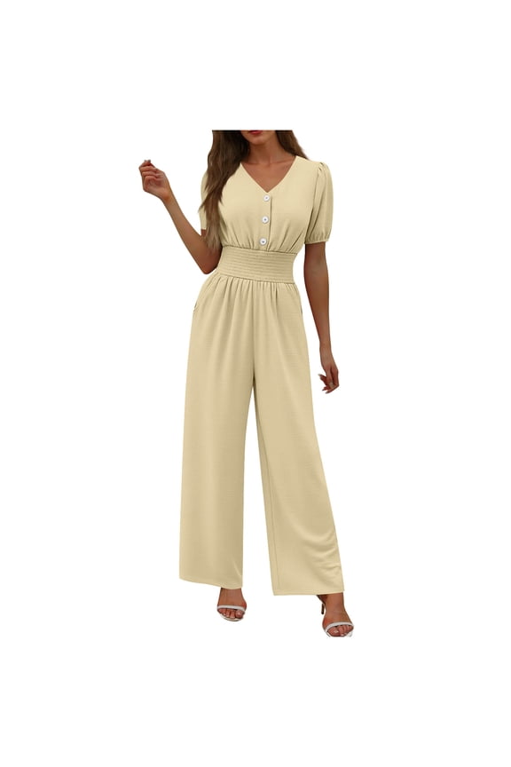 MOJOGO Women's One-Piece Jumpsuit V-Neck Short Sleeve Tunic Top Elegant Wide-Leg Jumpsuit for Spring Summer Outwear Beige 2XL