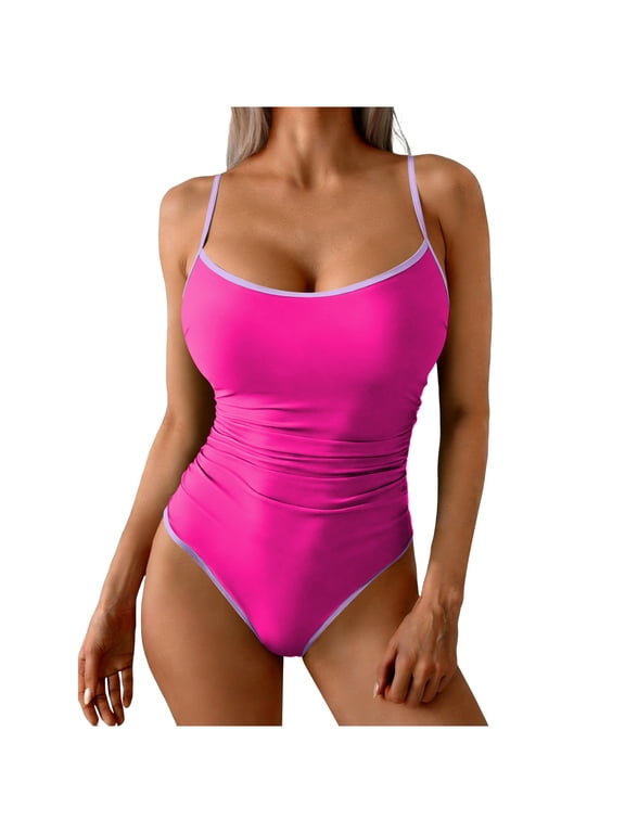 MOJOGO Women's One Piece Swimsuits Sleeveless V Neck Swimwear Summer Beach Pool Swimming Bathing Suit for Water Sports Hot Pink-Purple 3XL
