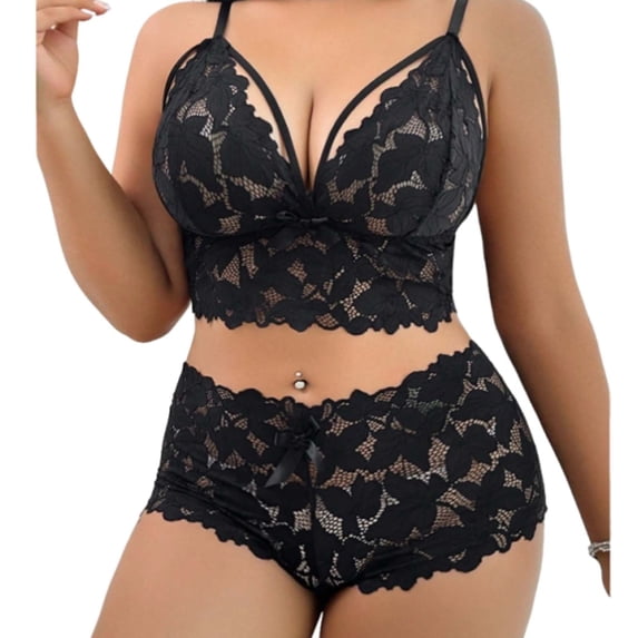 MOJOGO Women's Plus Size Camisole Lace Adjustable Strap Bra Camisole Top Floral Lace Pants Home Wear Suit Black 3XL