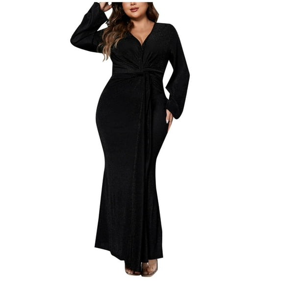 MOJOGO Women's Plus Size Dresses Shiny Long Sleeve V Neck Dress Bodycon Formal Party Evening Dress Black 4XL
