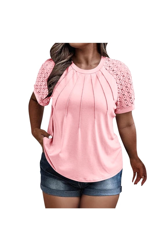 MOJOGO Women's Plus Size Tops Lace Short Sleeve Pullover Casual Crewneck Pleated T-shirt Loose Spring Summer Blouse Pink 3XL