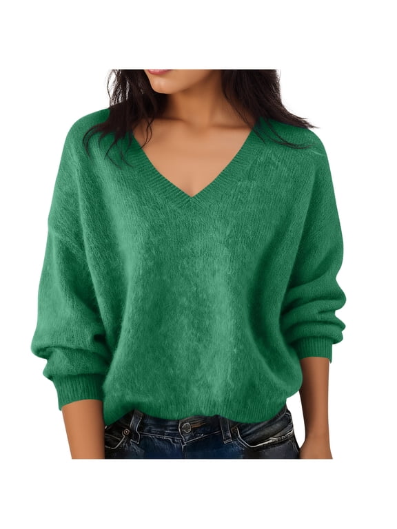 Women's Plush Tops V-Neck Long Batwing Sleeve Pullover Casual Spring Fall Tops Oversized Knitted Sweater Green 2XL