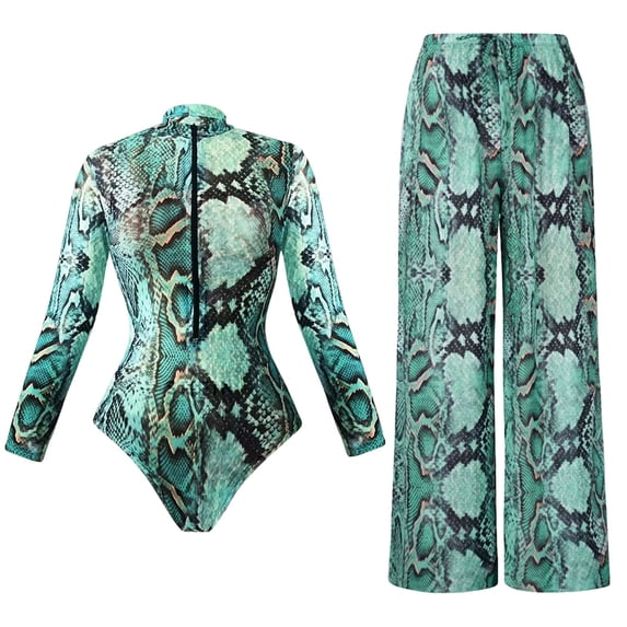 MOJOGO Women's Printed Swimsuits Set Long Sleeve Zip Up One Piece Swimsuits Loose Long Pants Training Swimwear Bathing Suits Multicolor-2 2XL