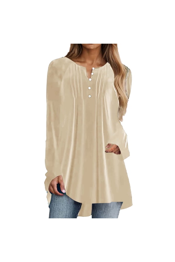 MOJOGO Women's Pullover Tops Casual Half Button Long Sleeve Casual Velvet Tops for Everyday Wear Khaki 4XL
