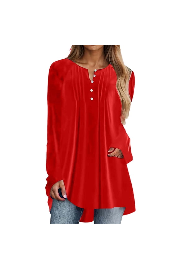 MOJOGO Women's Pullover Tops Casual Half Button Long Sleeve Casual Velvet Tops for Everyday Wear Red 3XL