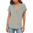 thumbnail image 1 of MOJOGO Women's Ruffle Short Sleeve Tops V Neck Linen Blouse Loose Quarter Button Up Shirts Loose Casual Summer Tops, 1 of 7