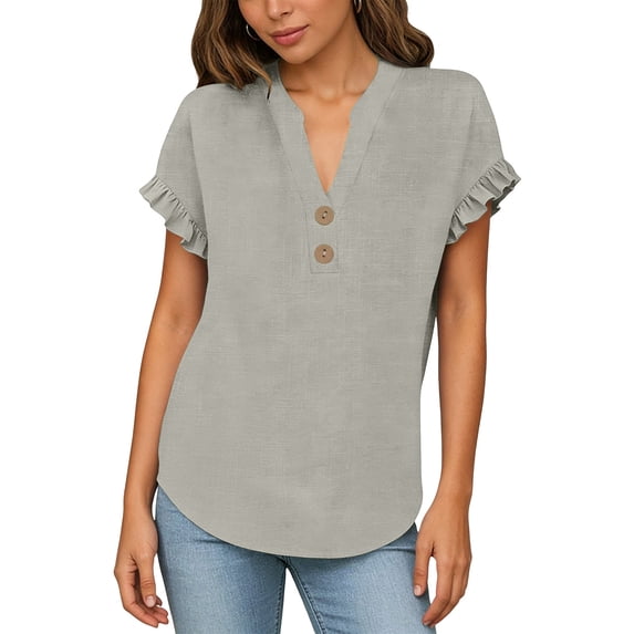 MOJOGO Women's Ruffle Short Sleeve Tops V Neck Linen Blouse Loose Quarter Button Up Shirts Loose Casual Summer Tops