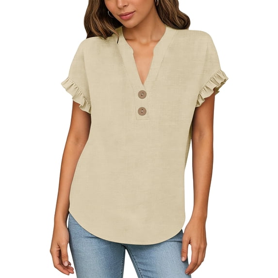 MOJOGO Women's Ruffle Short Sleeve Tops V Neck Linen Blouse Loose Quarter Button Up Shirts Loose Casual Summer Tops