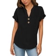 thumbnail image 1 of MOJOGO Women's Ruffle Short Sleeve Tops V Neck Linen Blouse Loose Quarter Button Up Shirts Loose Casual Summer Tops, 1 of 7