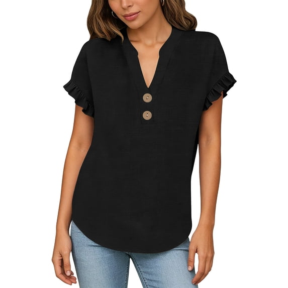 MOJOGO Women's Ruffle Short Sleeve Tops V Neck Linen Blouse Loose Quarter Button Up Shirts Loose Casual Summer Tops