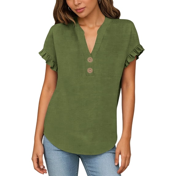 MOJOGO Women's Ruffle Short Sleeve Tops V Neck Linen Blouse Loose Quarter Button Up Shirts Loose Casual Summer Tops