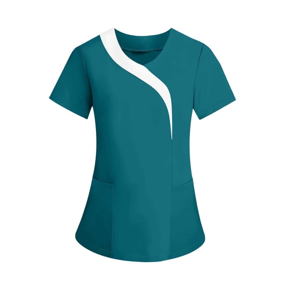 MOJOGO Women's Scrub Top V Neck Tees Color Block Shorts Sleeve Workwear Lightweight Nurse Uniform Work Tops XL