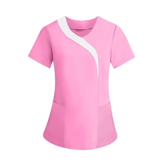 MOJOGO Women's Scrub Top V Neck Tees Color Block Shorts Sleeve Workwear Lightweight Nurse Uniform Work Tops XL
