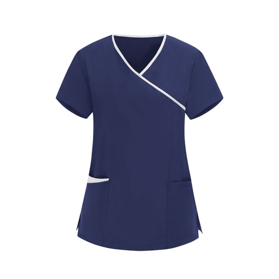 MOJOGO Women's Scrub Top Wrap V-Neck Short Sleeve Tee Tunic Side Slit Pullover Medical Uniform with Pockets Dark Blue L