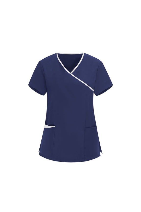 MOJOGO Women's Scrub Top Wrap V-Neck Short Sleeve Tee Tunic Side Slit Pullover Medical Uniform with Pockets Dark Blue M