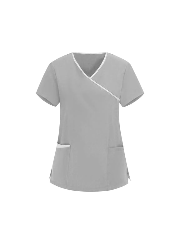 MOJOGO Women's Scrub Top Wrap V-Neck Short Sleeve Tee Tunic Side Slit Pullover Medical Uniform with Pockets Gray 3XL