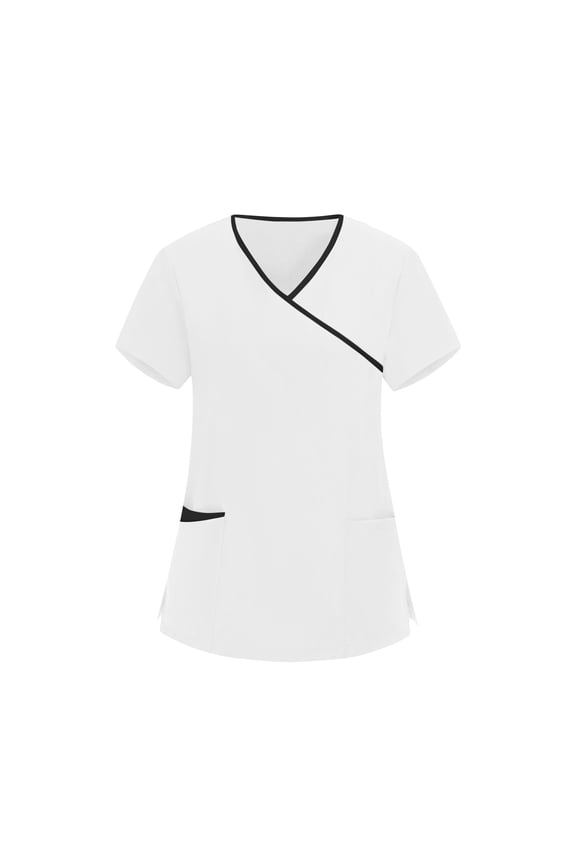 MOJOGO Women's Scrub Top Wrap V-Neck Short Sleeve Tee Tunic Side Slit Pullover Medical Uniform with Pockets White L