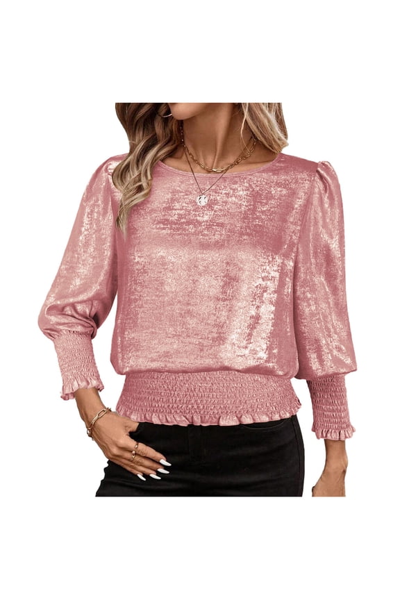 MOJOGO Women's Shiny Pullover Tops Elegant Crew Neck Top with Puff Sleeve Ruched Waist Blouse for Spring Summer Pink 2XL