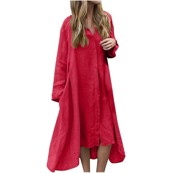 MOJOGO Women's Shirt Dresses Casual Solid Long Sleeve Turndown Collar Dress Loose Button Down Dress for Fall Spring Red S