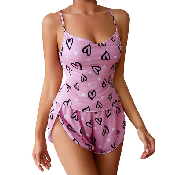 MOJOGO Women's Sleepwear Suits Cute Heart Print Cami Tops Loose Shorts Valentine's Day Sleepshirts Pajama Sets for Summer Red S