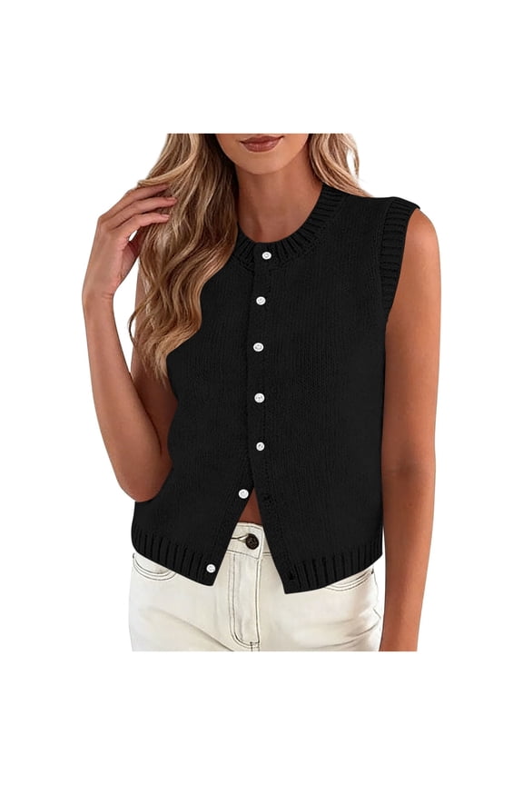 MOJOGO Women's Sleeveless Cardigan Crewneck Button-Down Knitted Tank Tops Breathable Layering Vest for Spring Summer S