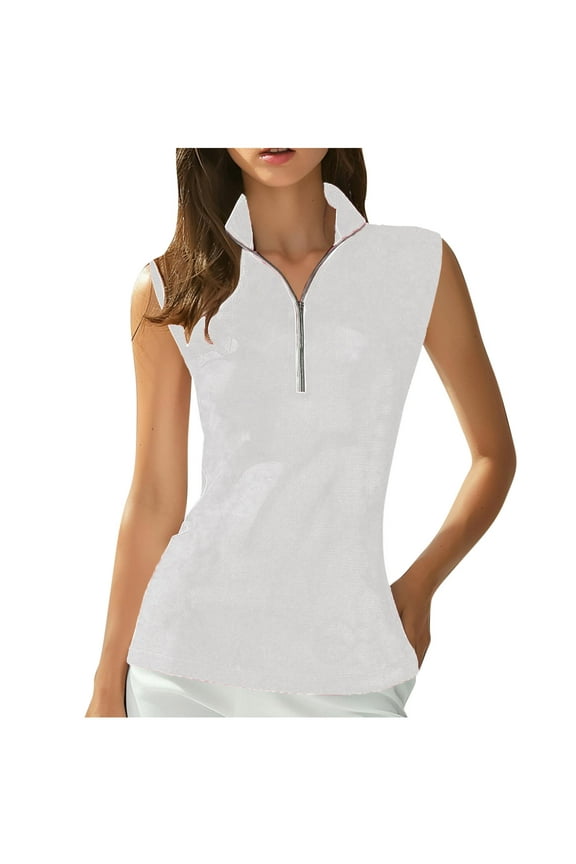 MOJOGO Women's Sleeveless Tops Half Zip Up Collared Tank Tees Breathable Mesh Athletic Top for Summer Outdoor White M