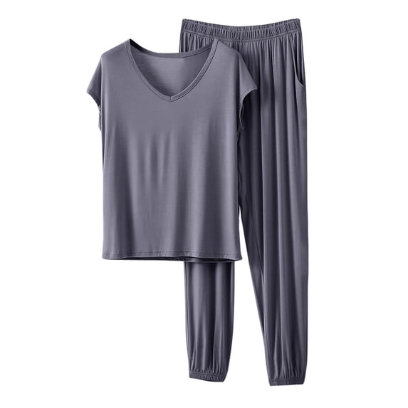 MOJOGO Women's Soft Loungewear Set Cap Sleeve V-Neck Top & Loose Pants Cozy Pajama Set for Spring Summer Sleepwear Gray 2XL