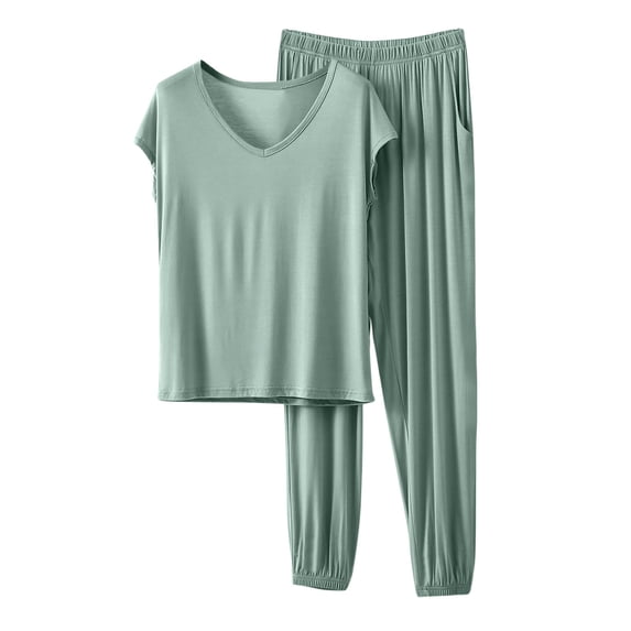 MOJOGO Women's Soft Loungewear Set Cap Sleeve V-Neck Top & Loose Pants Cozy Pajama Set for Spring Summer Sleepwear Green XL
