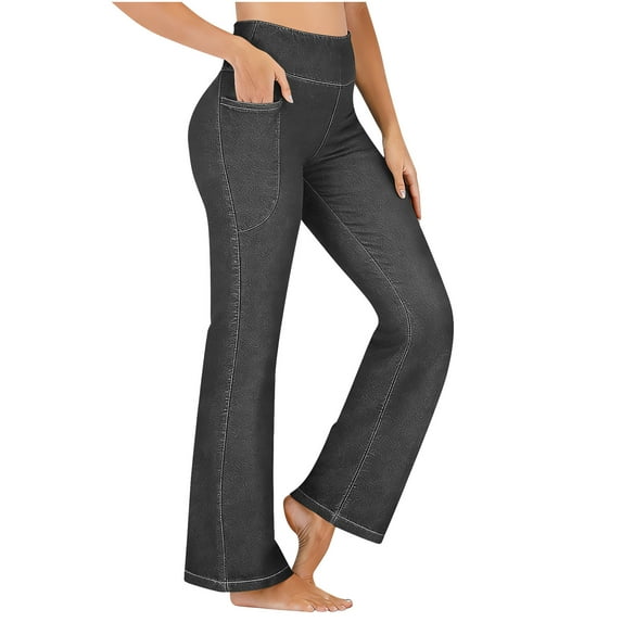 MOJOGO Women's Spring Fall Jeans High Waiste Flare Pants Stretch Denim Pants Pull On Trouser with Pockets Dark Gray 2XL