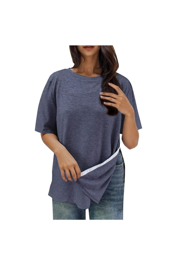 MOJOGO Women's Strenchy T-Shirts Crewneck Short Sleeve Blouse Surgery Shirts with Side Snap Adaptive Chemo Clothing Navy 2XL