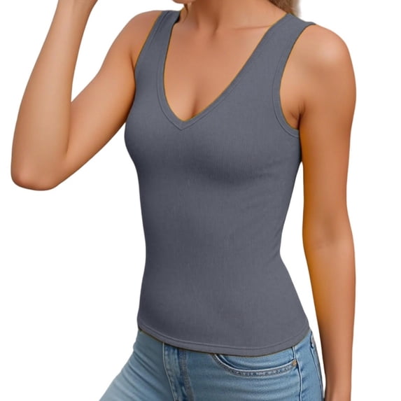MOJOGO Women's Summer Basic Tops V Neck Tank Tops Ribbed Knit Cami Tops Stretchy Slimming Sleeveless Tees for Undershirts Outdoor Wear Dark Gray 2XL