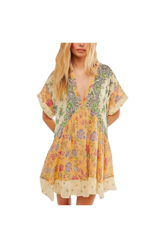 MOJOGO Women's Summer Mini Dresses Floral Print V-Neck Short Sleeve Boho Dress Loose Vacation Beach Dress with Ruffle Hem Yellow 2XL