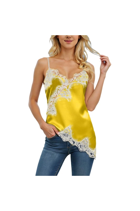 MOJOGO Women's Summer Pajama Shirts V Neck Satin Cami Top Elegant Undershirts Comfy Sleepwear with Lace Trim Yellow XL