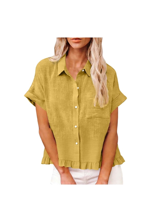 MOJOGO Women's Summer Tee Linen Button Down Shirts Trendy Turndown Collar Blouse Rolled Up Short Sleeves Top with Ruffled Hem Yellow 2XL