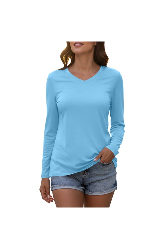 MOJOGO Women's Sun Protection T-Shirt Loose V Neck Solid Long Sleeve UPF 50+ Pullover Casual Top for Spring Summer Light Blue L